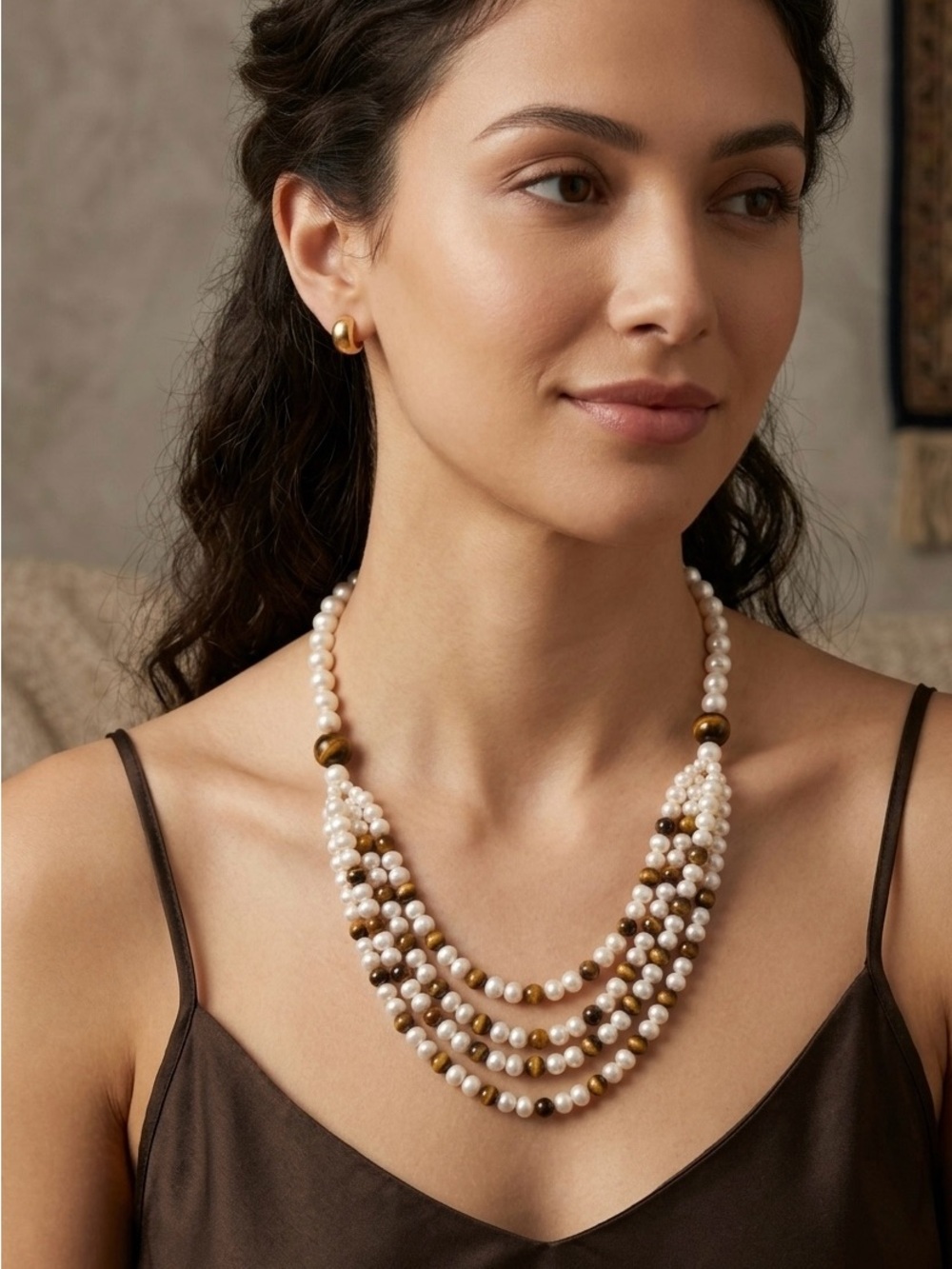Multi-Strand White Pearl and Brown Bead Necklace - Women Jewelry